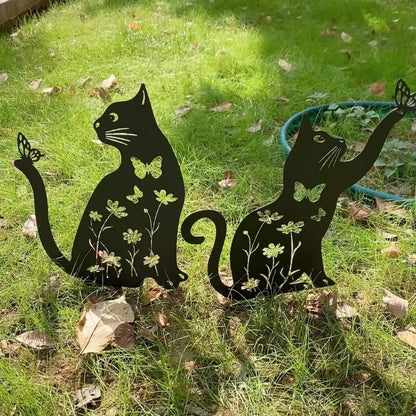 Metal Kedi Bahçe Dekoru – Çiçek ve Kelebek Motifli Dayanıklı Metal Bahçe Süsü