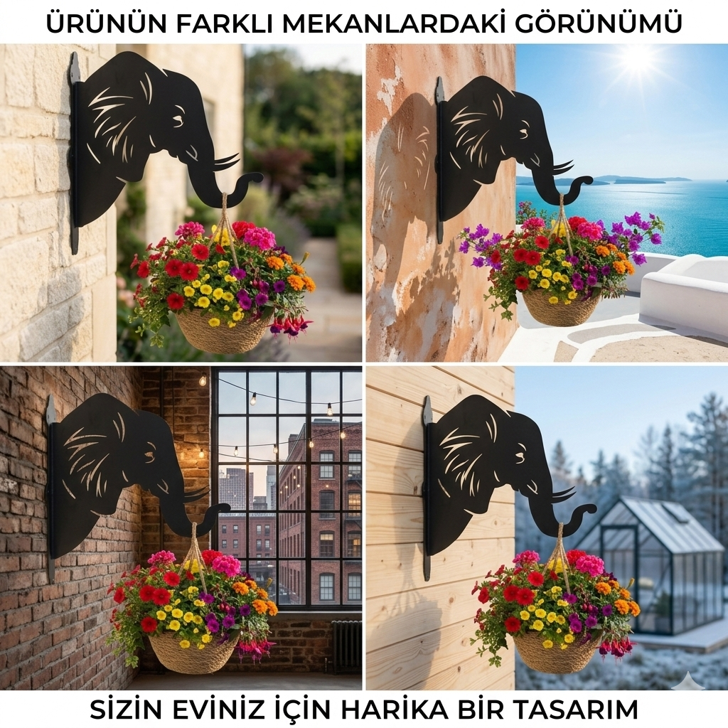 Fil Figürlü Metal Duvar Çiçek Askısı | Bahçe & Balkon Dekoru