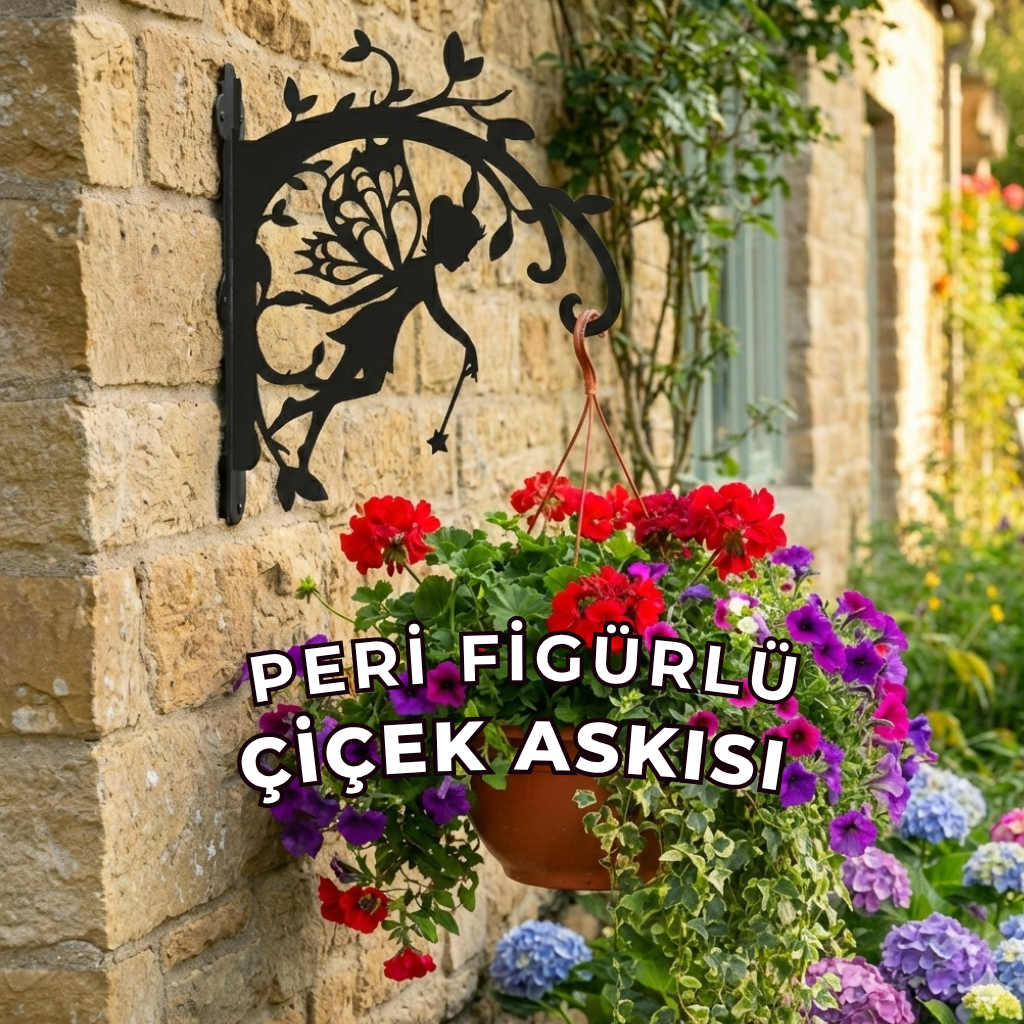 Peri Figürlü Metal Duvar Çiçek Askısı | Bahçe & Balkon Dekoru