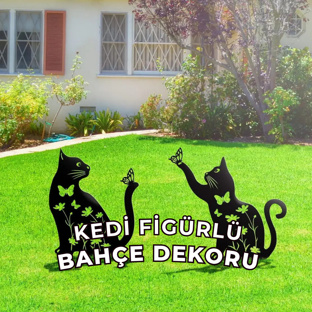 Metal Kedi Bahçe Dekoru – Çiçek ve Kelebek Motifli Dayanıklı Metal Bahçe Süsü