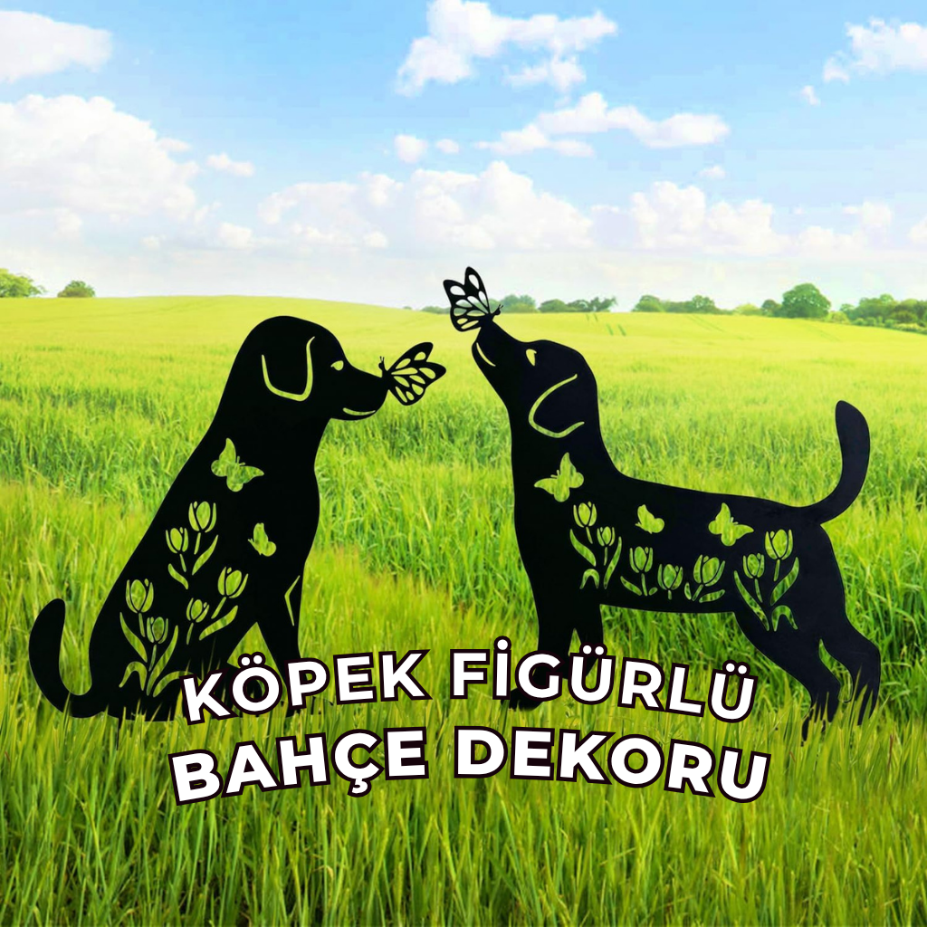 Metal Köpek Bahçe Dekoru – Çiçek ve Kelebek Motifli Dayanıklı Metal Bahçe Süsü
