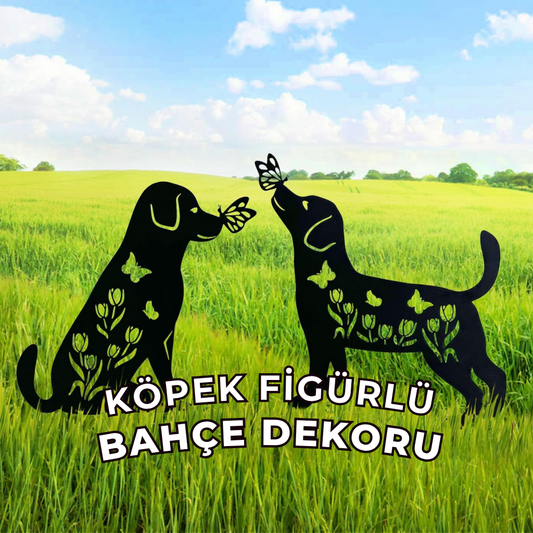 Metal Köpek Bahçe Dekoru – Çiçek ve Kelebek Motifli Dayanıklı Metal Bahçe Süsü
