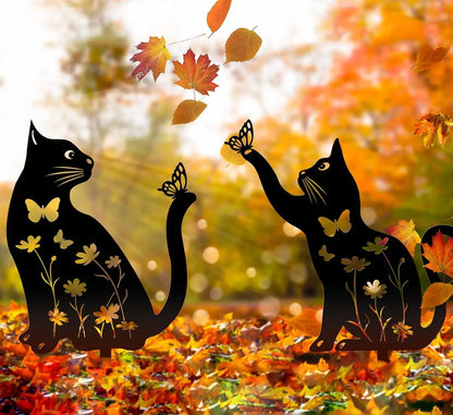 Metal Kedi Bahçe Dekoru – Çiçek ve Kelebek Motifli Dayanıklı Metal Bahçe Süsü