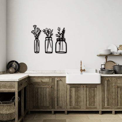 3’lü Çiçekli Vazo Duvar Dekoru – Metal Duvar Süsü (30x20 cm)