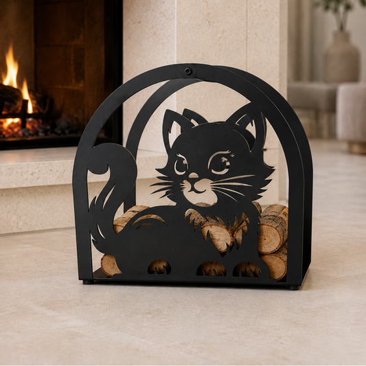 Tatlı Kedi Figürlü Şömine Yanı Odunluk – Dekoratif Şömine Odunluk Rafı